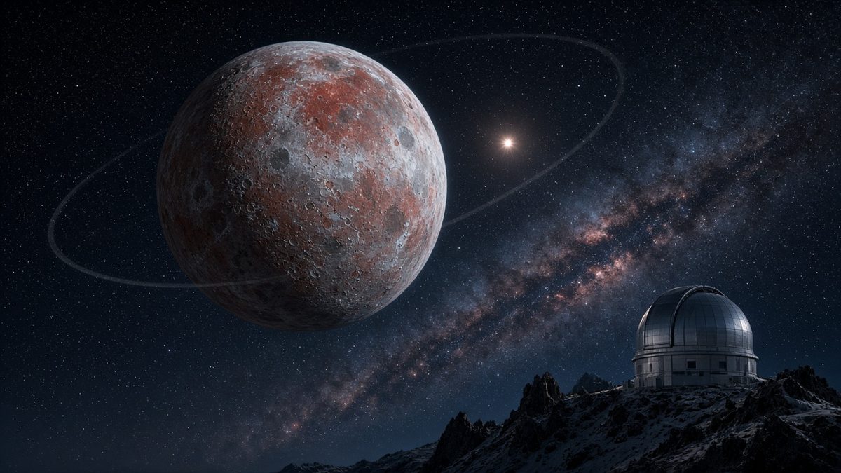 AI illustration of an icy dwarf planet in the outer Solar System with an observatory dome on a mountain ridge